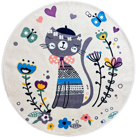 Tappeto rotondo per bambini Gatto, bianco, 120 cm