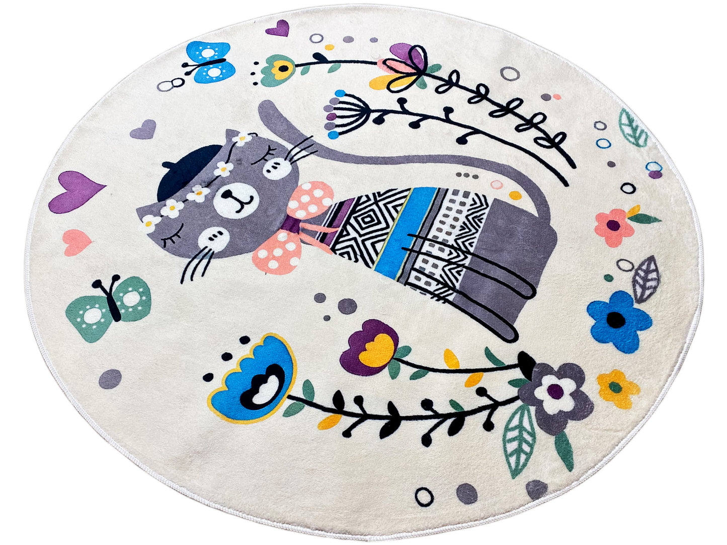 Tappeto rotondo per bambini Gatto, bianco, 160 cm