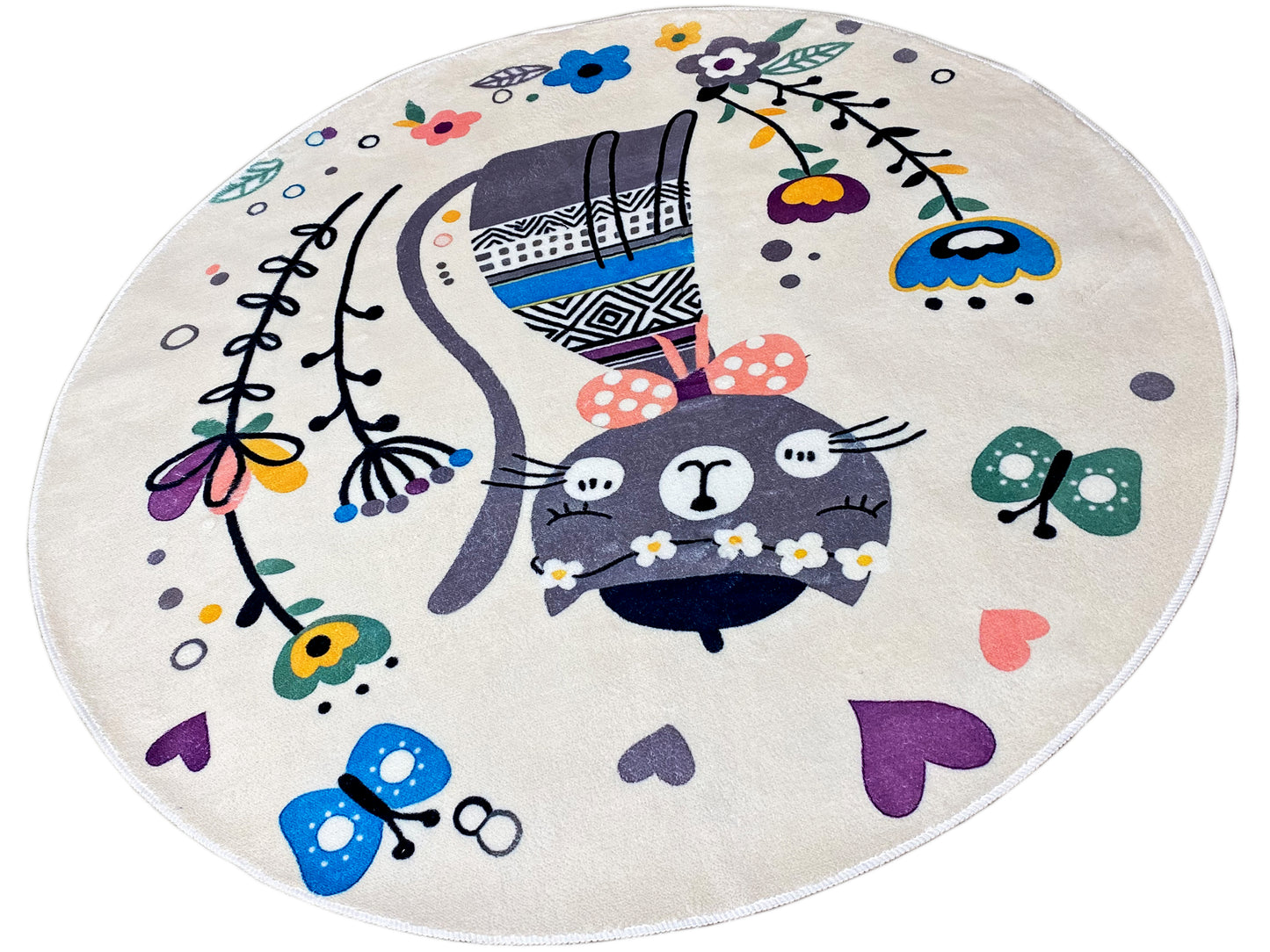 Tappeto rotondo per bambini Gatto, bianco, 160 cm