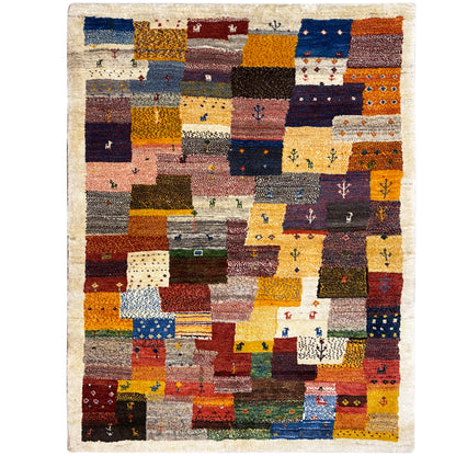 Gabbeh Luri-Teppich 145x105 cm mit Patchwork-Blockmuster in warmen Farben