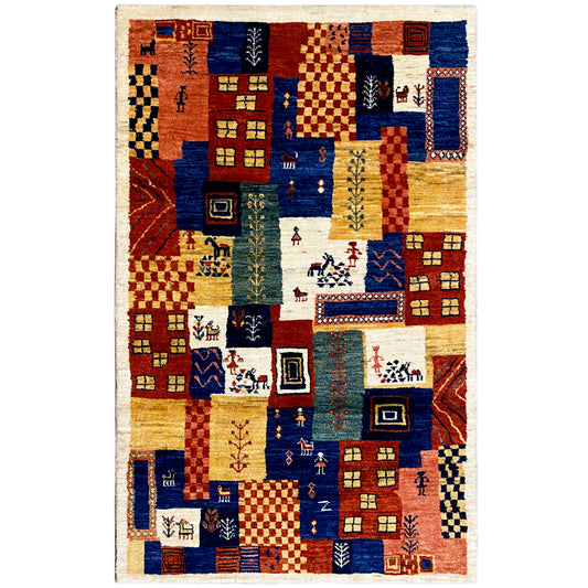 Tappeto Gabbeh-Luri 158x86 cm con design patchwork in blu, rosso e ocra