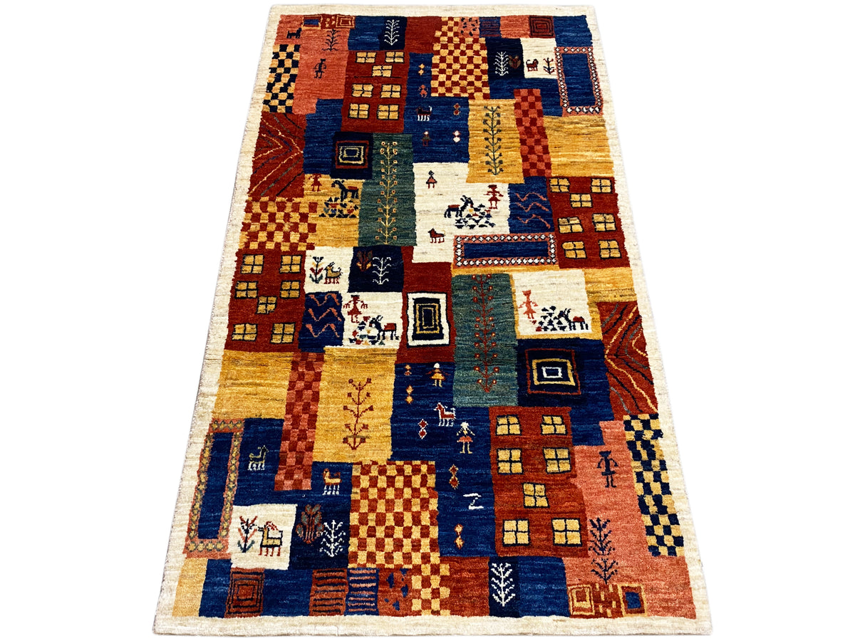 Gabbeh-Luri Teppich 158x86 cm im Farb-Mix aus Blau, Ocker, Rot und Creme mit Ornamentecken