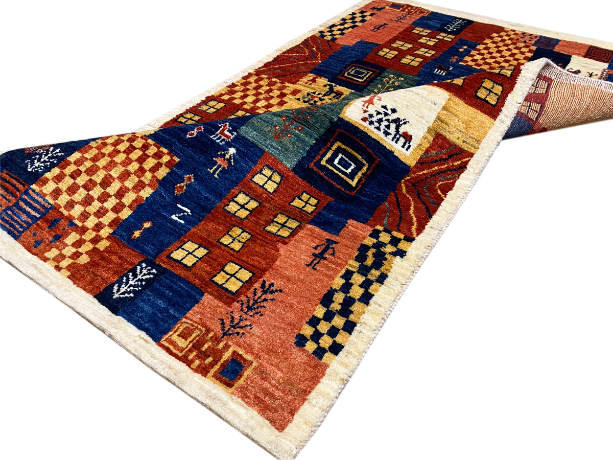 Gabbeh-Luri Teppich 158x86 cm, von oben: Karomuster und Rankenornamente in Blau und Rot