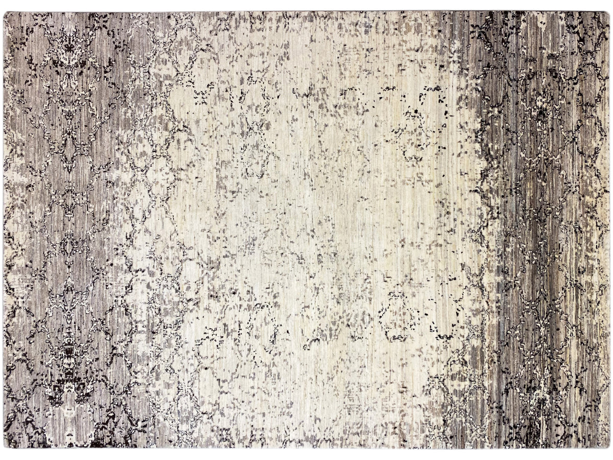 Teppich mit hellbeigem Grund und grauschwarzem Ornamentmuster, Textur, Detailansicht