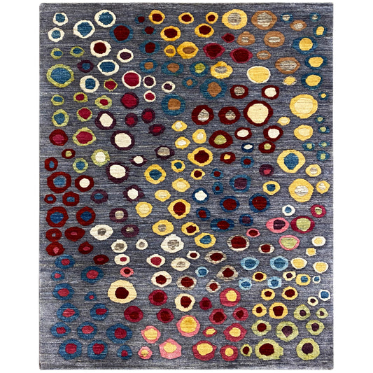 Tappeto Gabbeh-Luri con fondo grigio e motivi circolari e ovali multicolori, 205x147 cm
