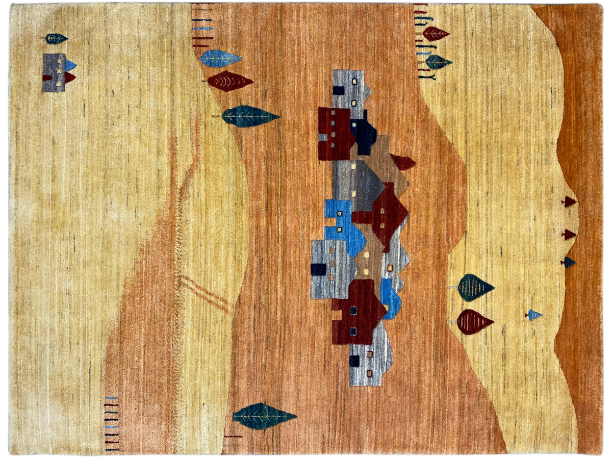 Gabbeh-Luri-Teppich, Nahansicht mit Felderornamenten in Braun und Creme sowie Blau/Rot