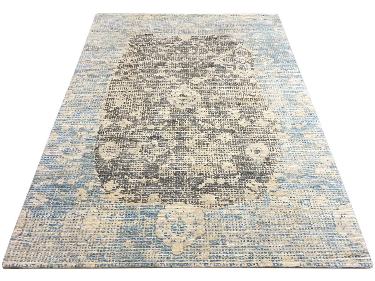 Teppich, gebleihter Blau-Grau Look mit zentralem Muster, rechteckig