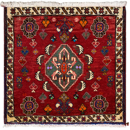Tappeto Poshti 58x57 cm, tappeto annodato rosso con motivo geometrico e frange