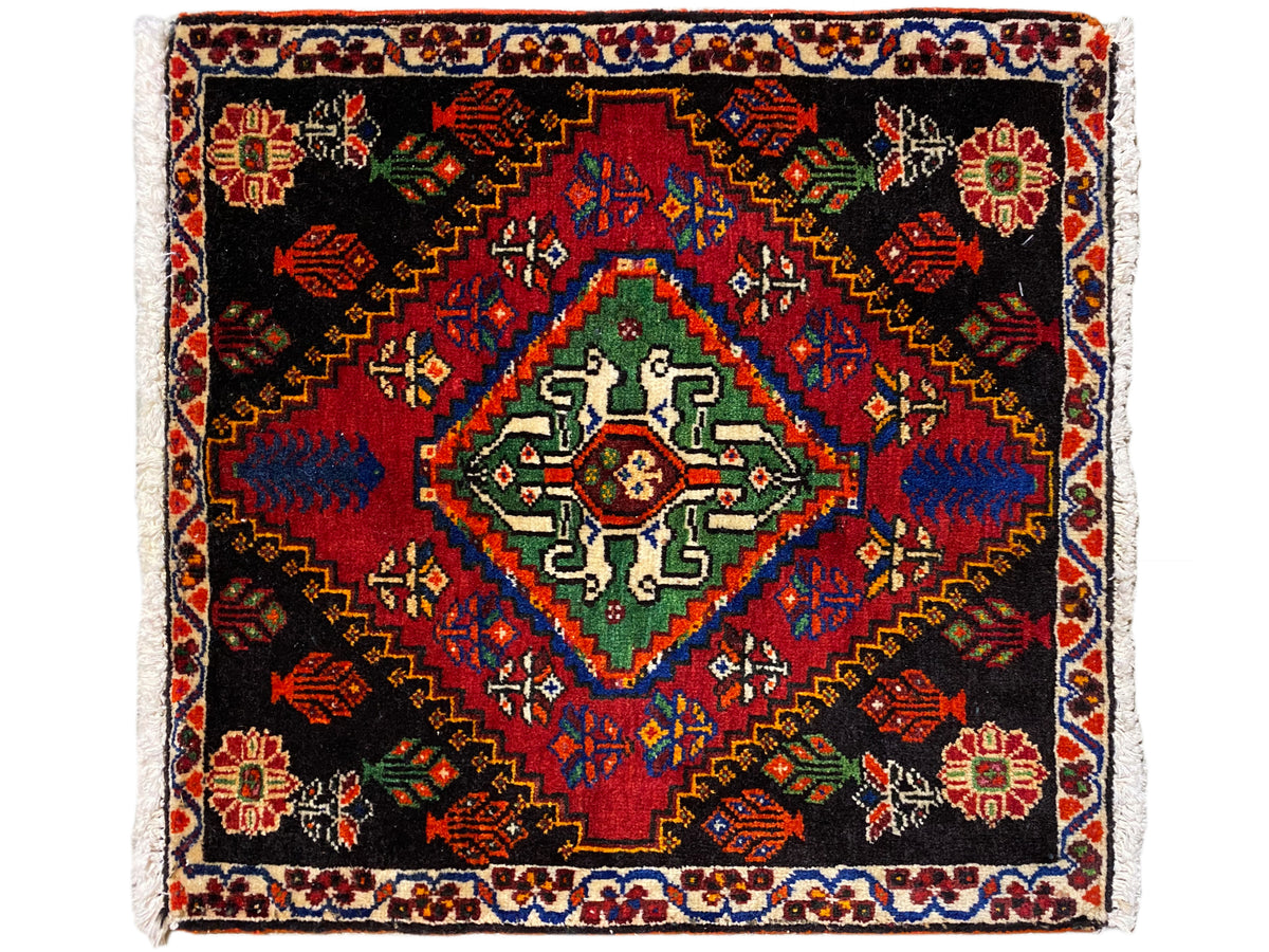 Tappeto Poshti 56x56 cm, motivo quadrato con campo centrale in verde e blu