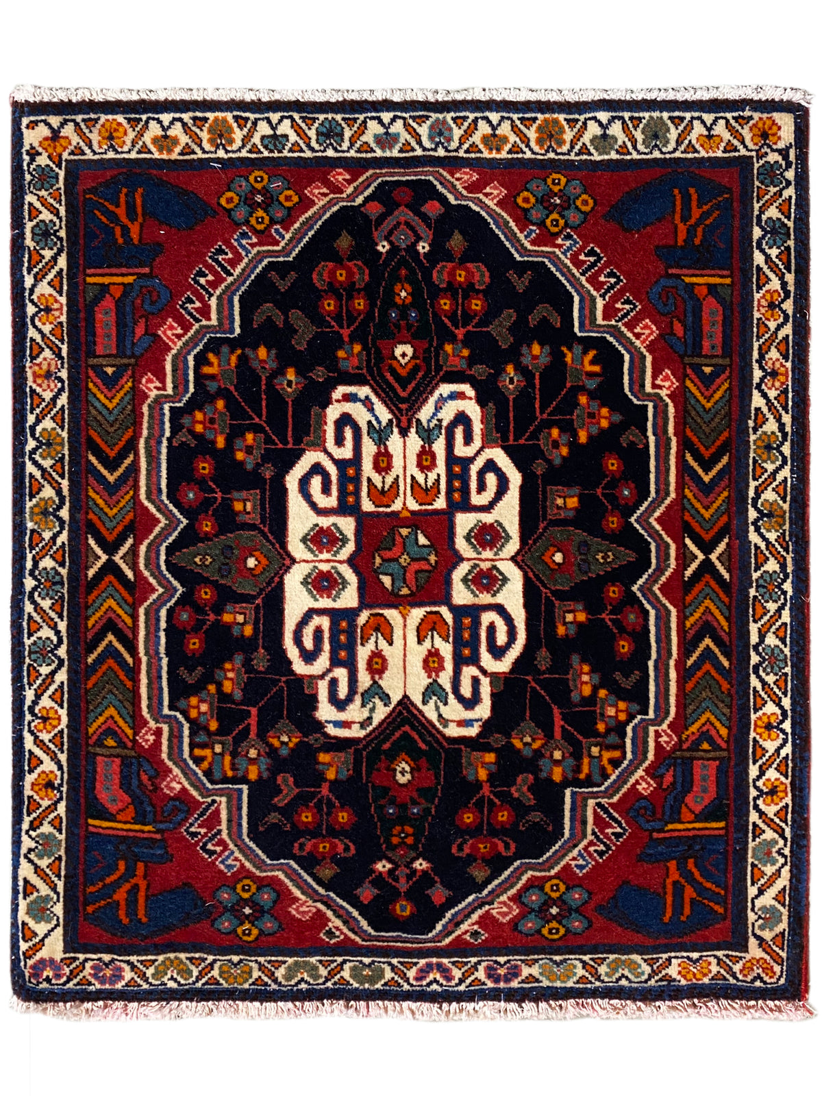Tappeto Poshti dal design quadrato con fondo blu e motivo ornamentale bianco e rosso