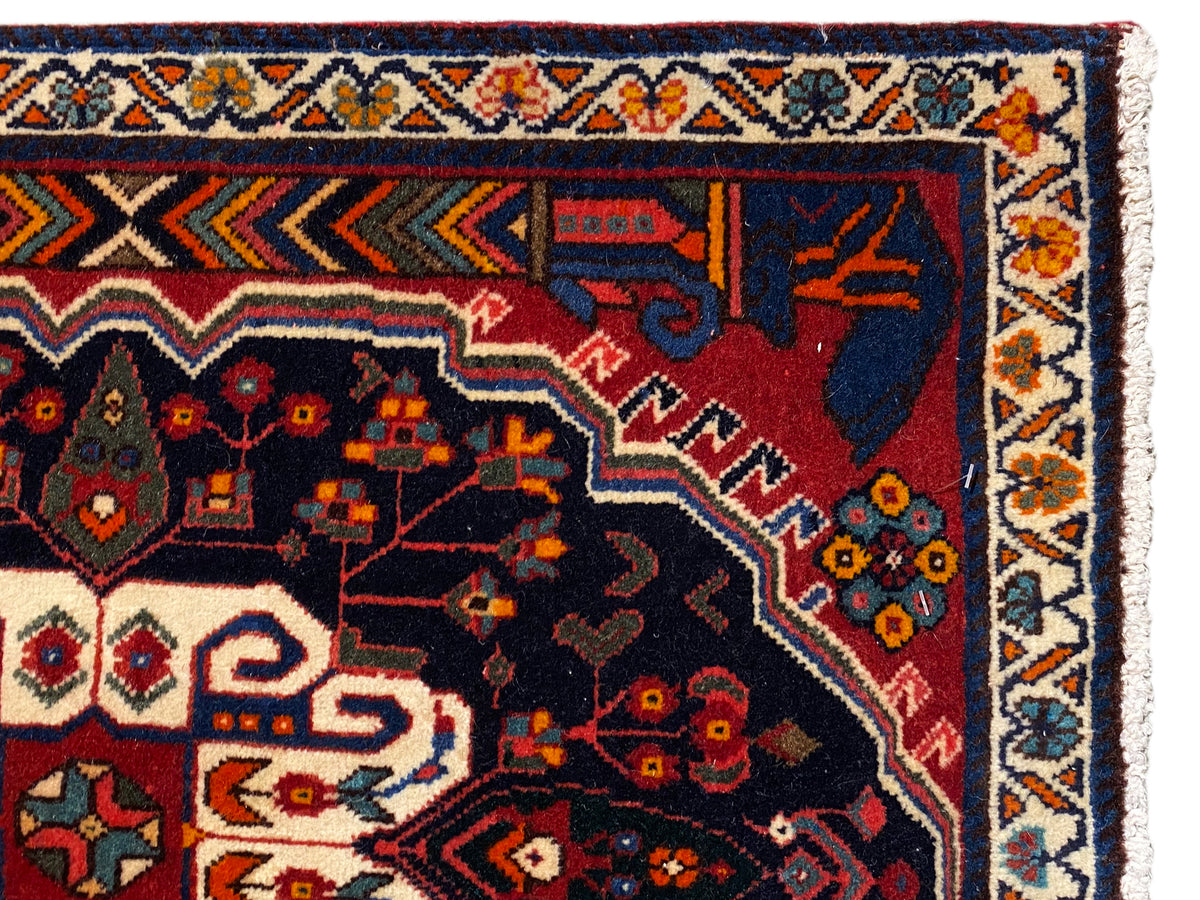 Bordura di tappeto Poshti, primo piano, con ornamenti variopinti e campo interno scuro