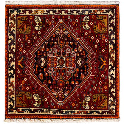 Tappeto Poshti 60x60 cm, motivo rosso con bordo arancione e frange