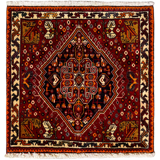 Tappeto Poshti 60x60 cm, motivo rosso con bordo arancione e frange