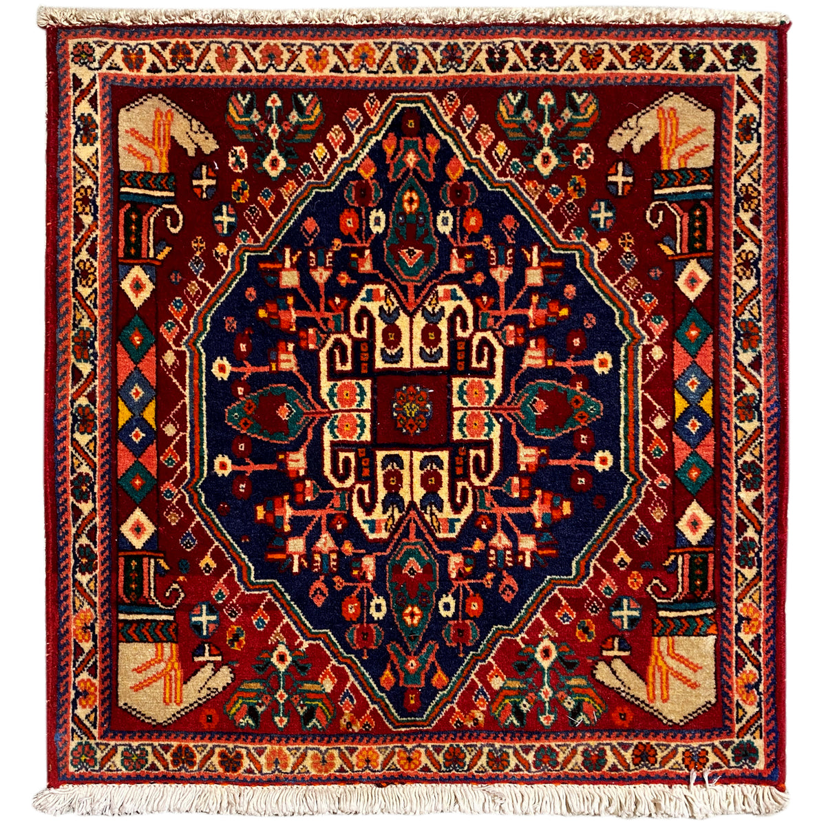 Tappeto Poshti 64x64 cm, quadrato, rosso bordeaux con ornamento blu, frange