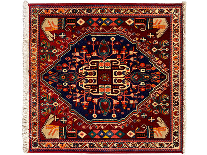 Tappeto Poshti 64x64 cm, quadrato, medaglione centrale blu scuro, ornamenti colorati, frange