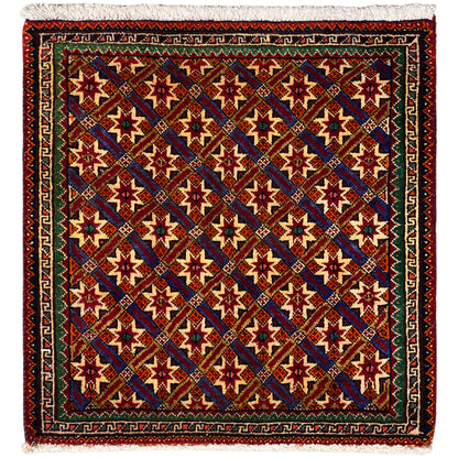 Tappeto Poshti 62x52 cm con motivo geometrico, multicolore e frange.