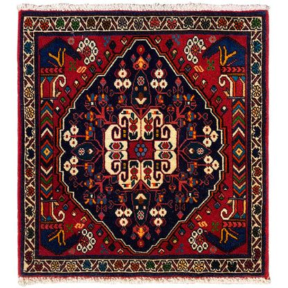 Tappeto Poshti 66x62 cm: motivo geometrico in blu/rosso con frange