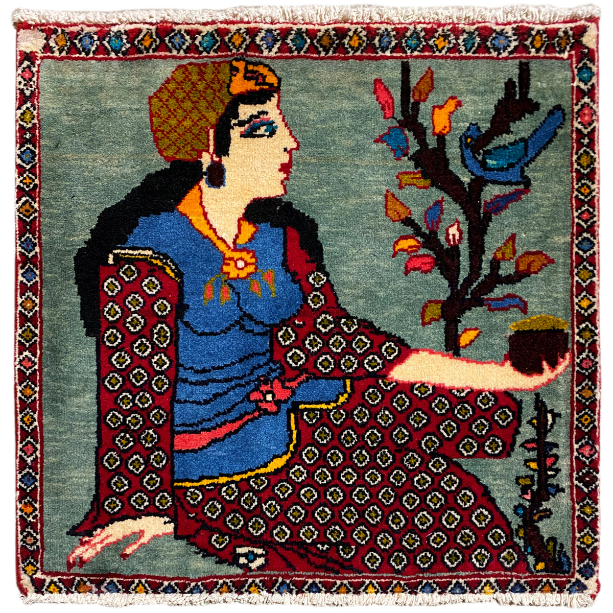 Tappeto Poshti 68x63 cm con figura, motivo ad albero, bordo multicolore e frange