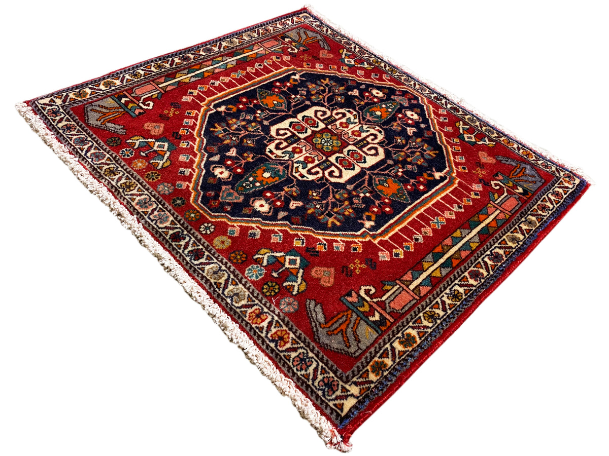 Tappeto a fondo rosso con medaglione centrale scuro, rettangolare, bordato con frange