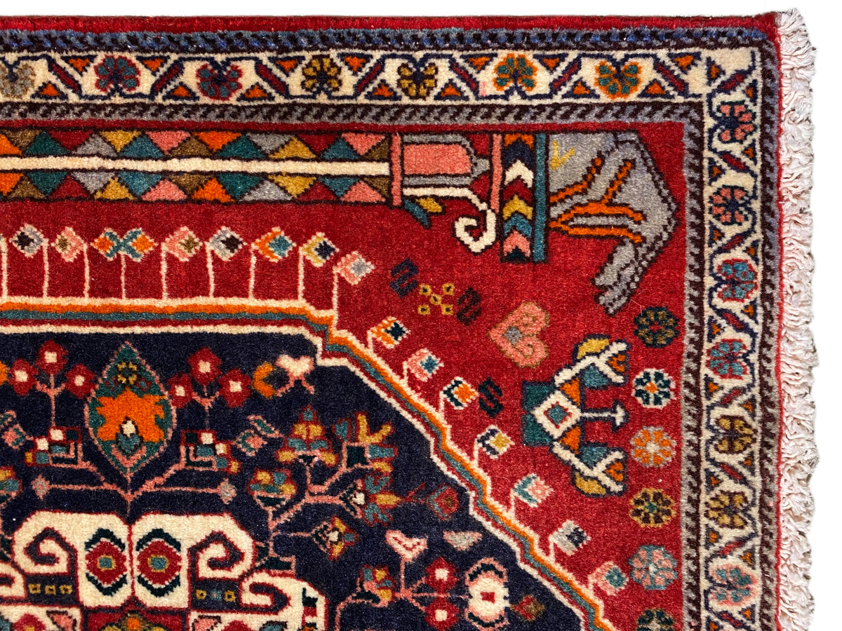 Dettaglio del tappeto: campo ornamentale rosso e blu con bordura multicolore e frange