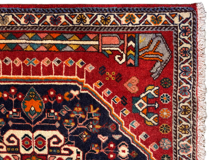 Dettaglio del tappeto: campo ornamentale rosso e blu con bordura multicolore e frange