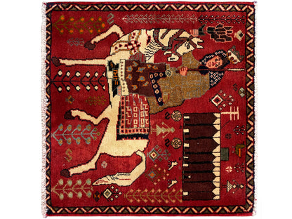 Rotbrauner Poshti-Teppich mit Fransen, Person und Pferd in orientalischem Muster, 63x62 cm