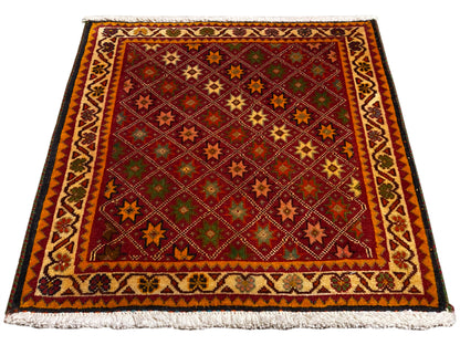 Tappeto Poshti, rettangolare, multicolore, con bordo decorativo e frange sui bordi.