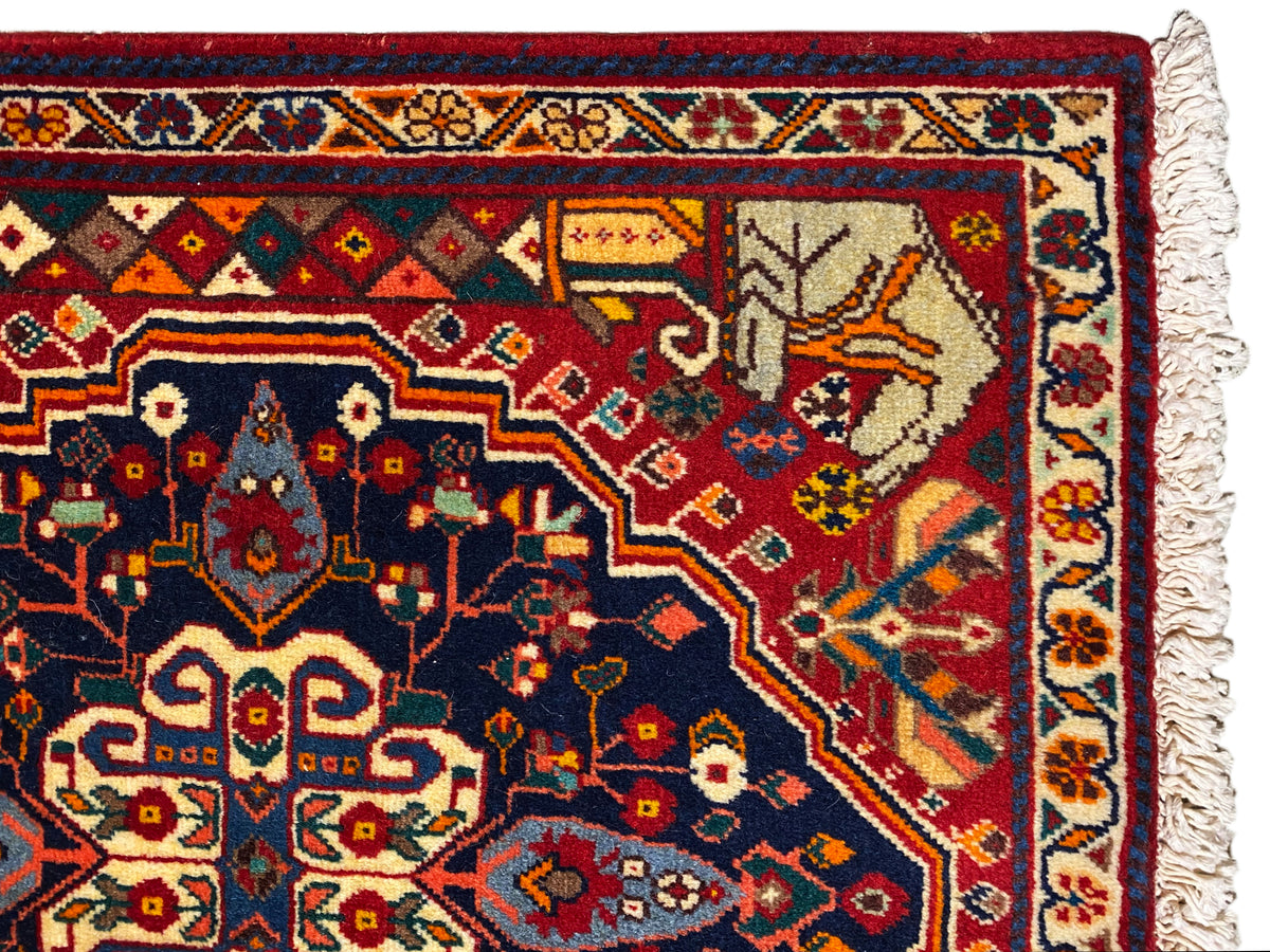 Primo piano del bordo del tappeto con campo ornamentale blu, dettagli rossi e frange