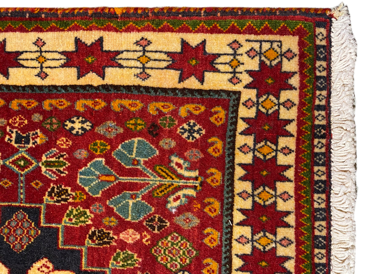 Tappeto nel dettaglio: bordo multicolore e motivi ornamentali, frangia laterale
