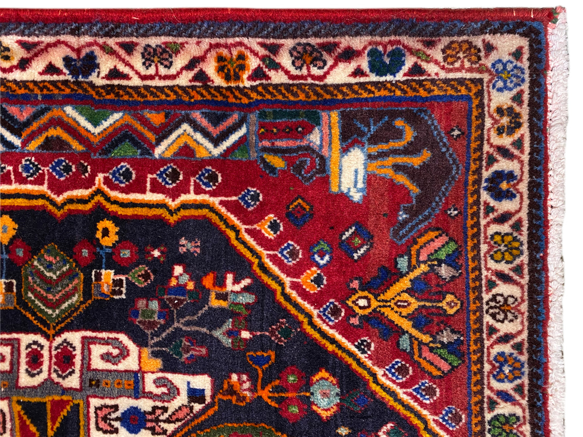 Bordo del tappeto con bordura decorativa, motivo rosso-blu e frange bianche, vista dettagliata