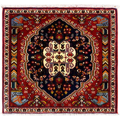 Tappeto Poshti 65x61 cm, motivo rosso con medaglione scuro e frange
