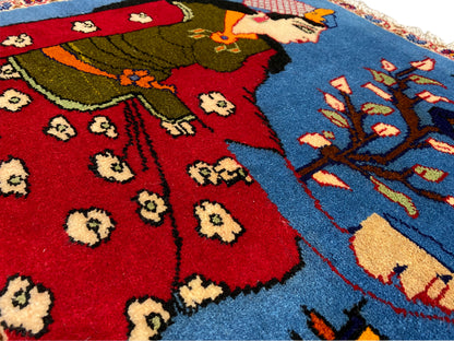 Poshti tappeto 65x63 cm Dettaglio: campo decorato con motivi rossi, ornamenti floreali e rami blu