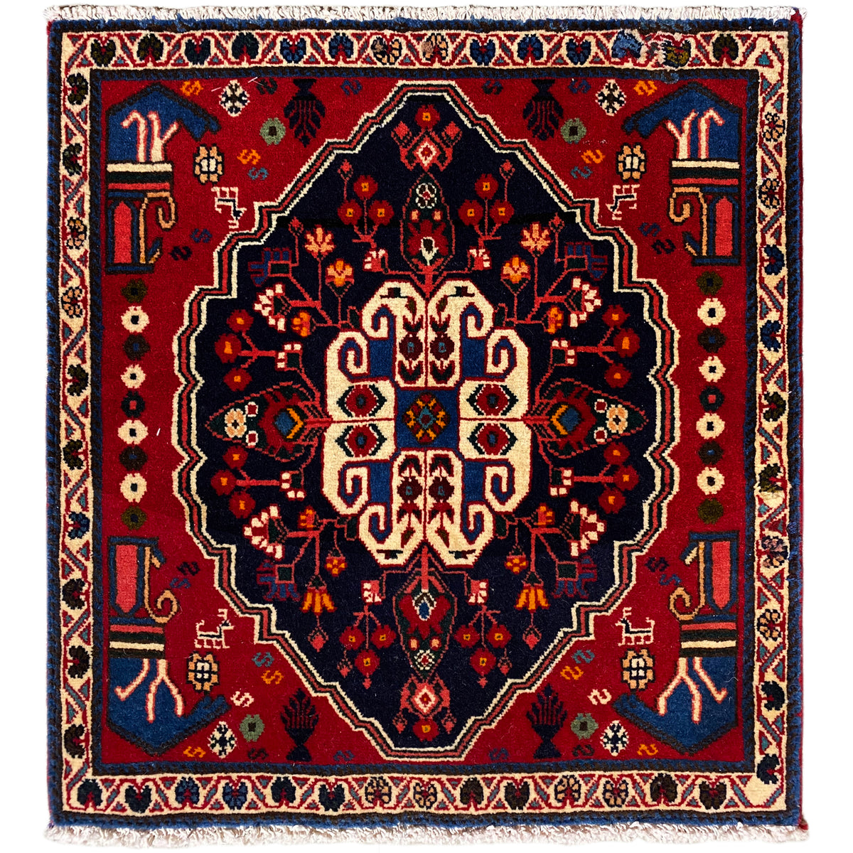 Tappeto quadrato con motivo ornamentale rosso, blu e beige, 68x64 cm