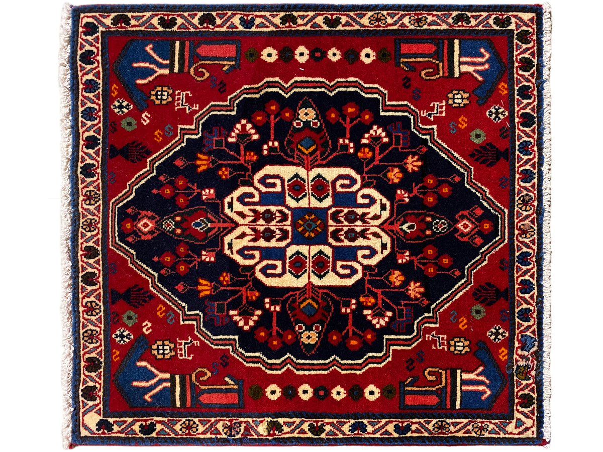 Tappeto rosso e blu scuro con grande ornamento centrale, quadrato, 68x64 cm