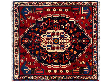 Tappeto rosso e blu scuro con grande ornamento centrale, quadrato, 68x64 cm