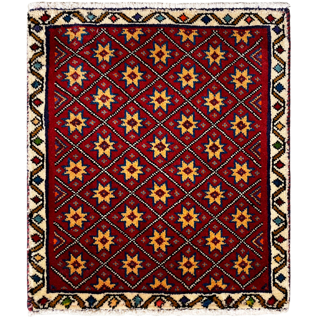 Tappeto quadrato con fondo rosso e motivo geometrico a stella multicolore