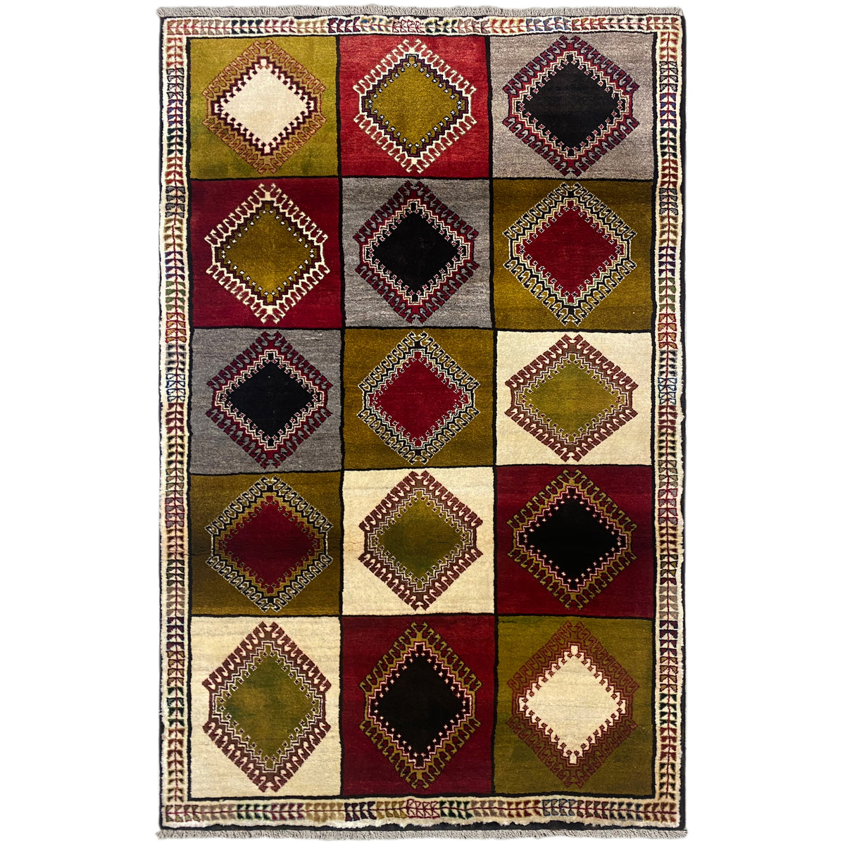 Orientteppich mit Rauten-Muster, mehrfarbig, Bordüre und Fransen, ca. 206x120 cm