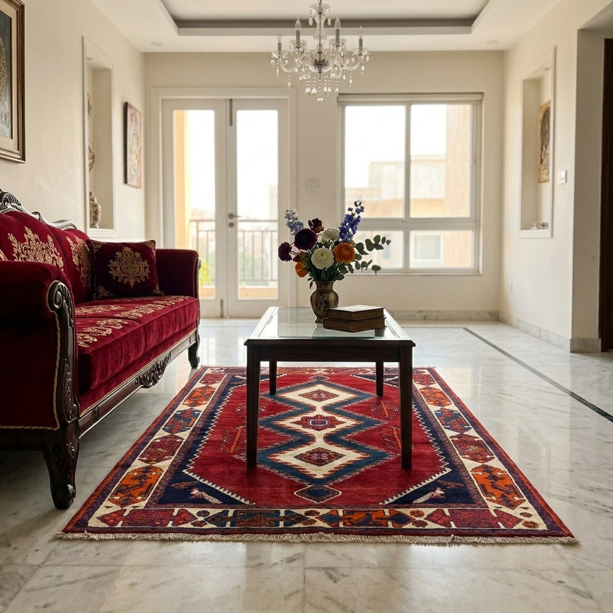 Shiraz Qashqai-Teppich mit geometrischem Rot-Dunkelblau-Muster und breiter Bordüre
