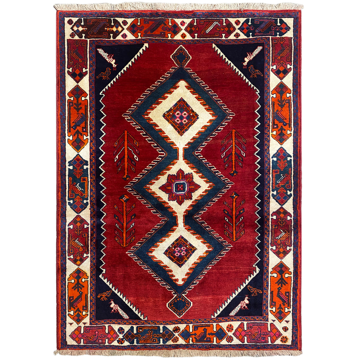 Shiraz Qashqai-Teppich mit rotem Diamantmuster und dunkelblauer Bordüre