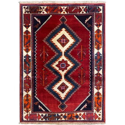 Shiraz Qashqai-Teppich mit rotem Diamantmuster und dunkelblauer Bordüre