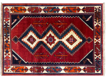 Shiraz Qashqai-Teppich mit rotem Zickzack- und Rautenmuster, dunkelblauer Umrandung