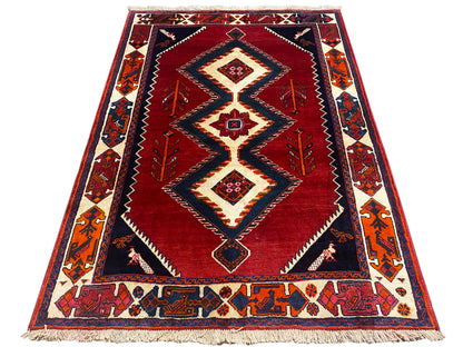Shiraz Qashqai-Teppich in Rot und Dunkelblau mit geometrischen Rauten und Fransen