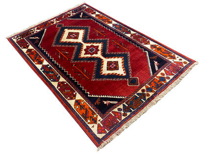 Shiraz Qashqai-Teppich mit rotem, dunkelblauem Zickzack-Motiv und orangefarbenen Akzenten