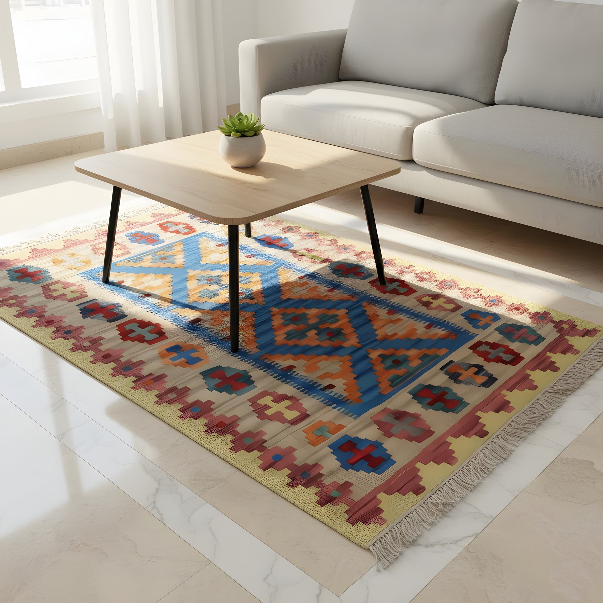 Wohnzimmer Kelim Qashqai Teppich aus Naturwolle, geometrische Rauten in Beige und Blau