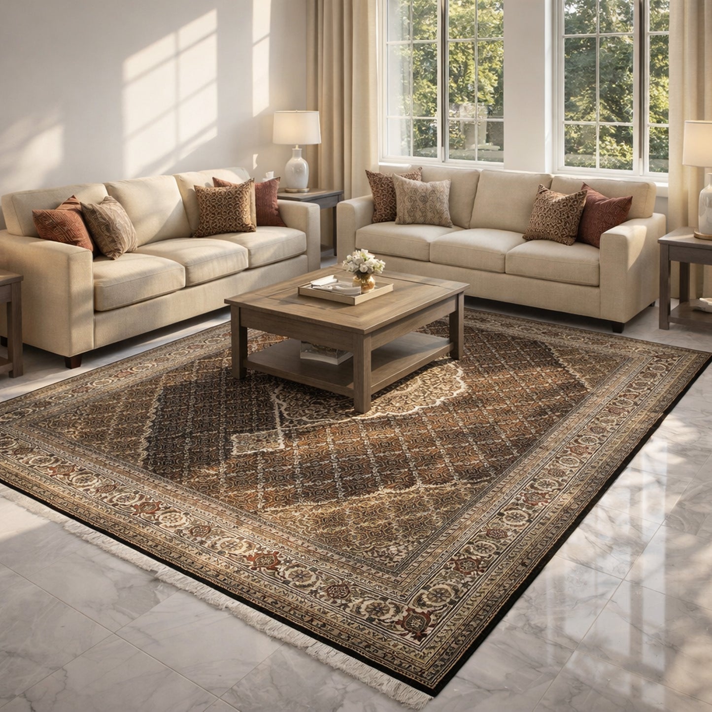 Wohnzimmer Klassischer Indo Tabriz Orientteppich mit Medaillon Muster in Braun