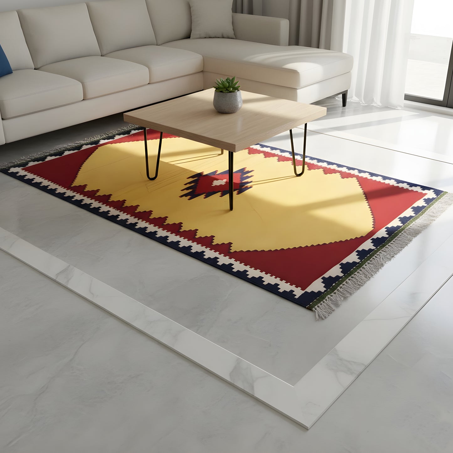 Wohnzimmer Kelim Qashqai Läufer aus handversponnener Naturwolle mit Rautenmotiv