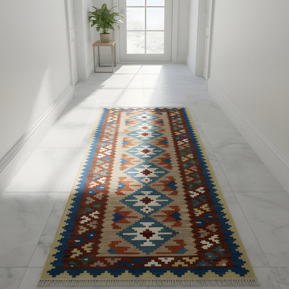 Wohnzimmer Qashqai Kelim Läufer aus Naturwolle mit geometrischem Diamantmuster