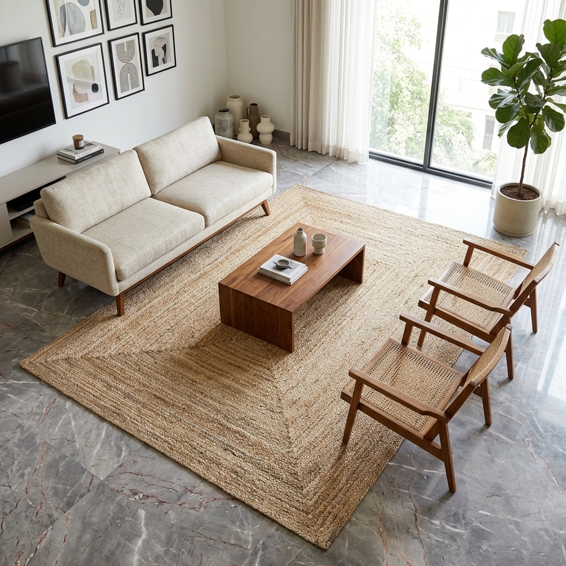 Wohnzimmer-Handwoven jute rug beige 160x230 cm with natural texture and geometric pattern
