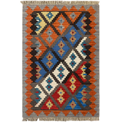 Handgewebter Qashqai Kelim Teppich grau mit Rautenmuster 130x82 cm