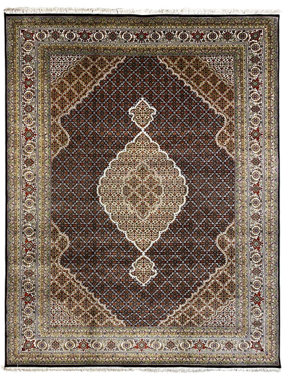 Indo Tabriz Teppich handgeknüpft aus Wolle und Seide in Braun Beige 353x242 cm